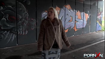 Shameless UK BBW blonde girl with no panties flashing her boobs and pissing in public