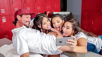 SCAM ANGELS – Three slutty brunettes Gina Valentina, Karlee Grey and Cindy Starfall fuck couch in the locker room