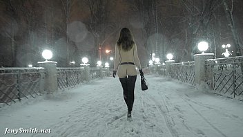 Jeny Smith naked in snow fall walking through the city