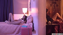 AdultMovs.com - Small tits brunette stepdaughter walks in on busty stepmom masturbating.The big tits milf kisses her and lick and rims the babe before facesitting her
