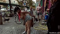 Big tits dark haired Pina De Luxe in denim cutt offs with tail butt plug d. in public street