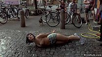 Slave Pina De Luxe d. on all four in front of bike shop by mistress Mona Wales and master Steve Holmes then in bar group fucked