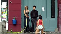 Big tits dark haired Pina De Luxe sprayed with hose by mistress Mona Wales and master Steve Holmes then group fucked in bar