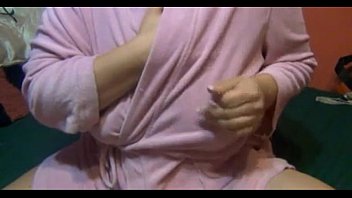 Lactating Mom Pink Bathrobe Sucks On Her Huge Milky Tits