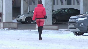 Red Tights. Jeny Smith public walking in tight seamless red pantyhose (no panties)