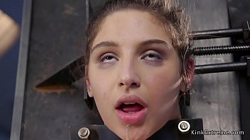 Hairy pussy hot brunette babe Abella Danger tied up then in bondage seat fucks machine